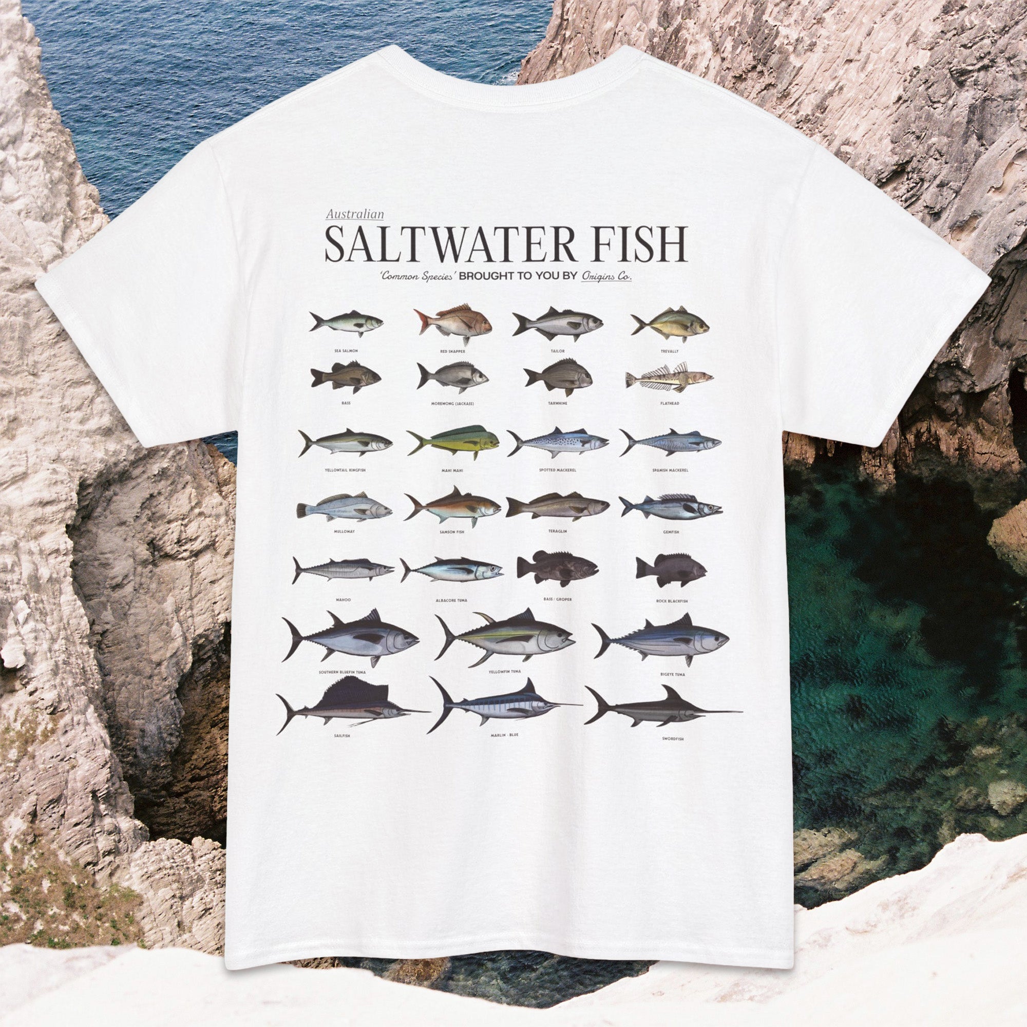 Saltwater fish species chart t-shirt Australia, Australian fishing apparel, Marine fish identification shirt, Saltwater fishing graphic tee, Aussie saltwater fish t-shirt, Fishing species chart shirt Australia, Coastal fishing gear Australia, Ocean fish identification t-shirt, Saltwater fishing gifts Australia, Fishing lifestyle clothing Australia, Unique fishing shirts Australia, Great Barrier Reef fish t-shirt, Fishing enthusiast apparel Australia, Saltwater angler shirt, Outdoor adventure fishing t-shirt