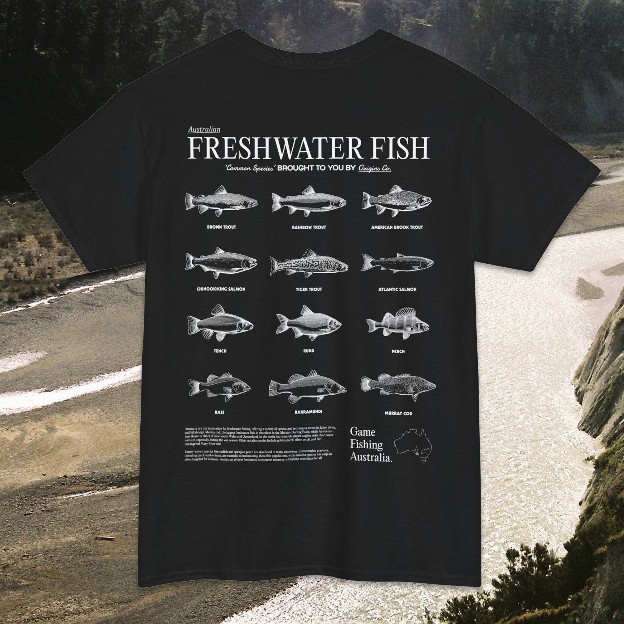 Freshwater fish list t-shirt Australia, Fishing apparel Australia, Aussie fishing t-shirt, Freshwater fish graphic tee, Fishing enthusiast shirt Australia, Freshwater fish identification shirt, T-shirt for Australian anglers, Fishing lifestyle clothing Australia, Freshwater fish species shirt, Eco-friendly fishing t-shirt, Australia fishing gear, Unique fishing gifts Australia, Freshwater fishing fashion, Outdoor adventure t-shirt Australia, Custom fishing shirts Australia, Origins t-shirts.