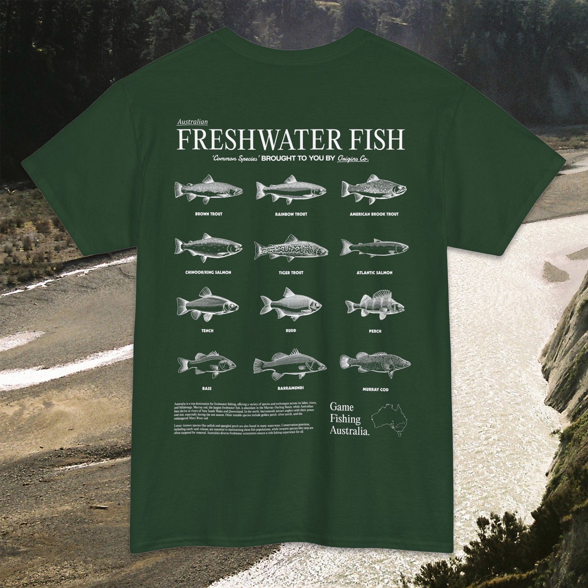 Freshwater fish list t-shirt Australia, Fishing apparel Australia, Aussie fishing t-shirt, Freshwater fish graphic tee, Fishing enthusiast shirt Australia, Freshwater fish identification shirt, T-shirt for Australian anglers, Fishing lifestyle clothing Australia, Freshwater fish species shirt, Eco-friendly fishing t-shirt, Australia fishing gear, Unique fishing gifts Australia, Freshwater fishing fashion, Outdoor adventure t-shirt Australia, Custom fishing shirts Australia, Origins t-shirts.