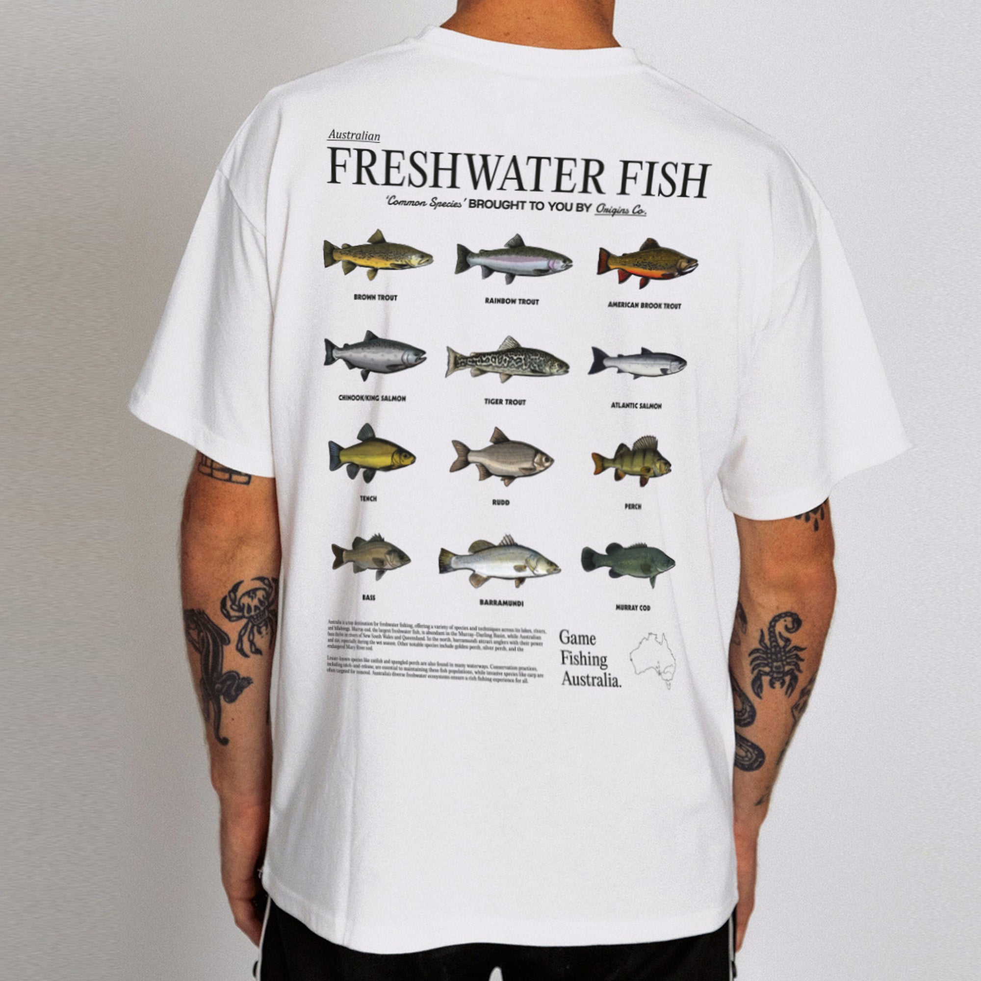 Freshwater fish list t-shirt Australia, Fishing apparel Australia, Aussie fishing t-shirt, Freshwater fish graphic tee, Fishing enthusiast shirt Australia, Freshwater fish identification shirt, T-shirt for Australian anglers, Fishing lifestyle clothing Australia, Freshwater fish species shirt, Eco-friendly fishing t-shirt, Australia fishing gear, Unique fishing gifts Australia, Freshwater fishing fashion, Outdoor adventure t-shirt Australia, Custom fishing shirts Australia, Origins t-shirts.