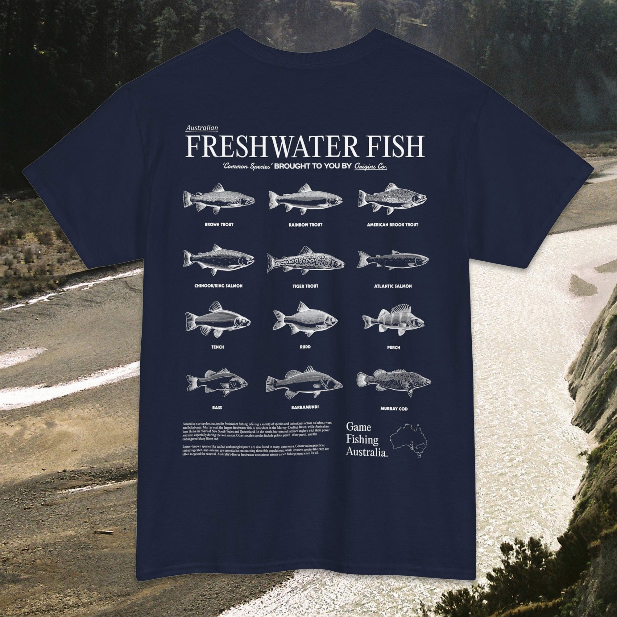 Freshwater fish list t-shirt Australia, Fishing apparel Australia, Aussie fishing t-shirt, Freshwater fish graphic tee, Fishing enthusiast shirt Australia, Freshwater fish identification shirt, T-shirt for Australian anglers, Fishing lifestyle clothing Australia, Freshwater fish species shirt, Eco-friendly fishing t-shirt, Australia fishing gear, Unique fishing gifts Australia, Freshwater fishing fashion, Outdoor adventure t-shirt Australia, Custom fishing shirts Australia, Origins t-shirts.