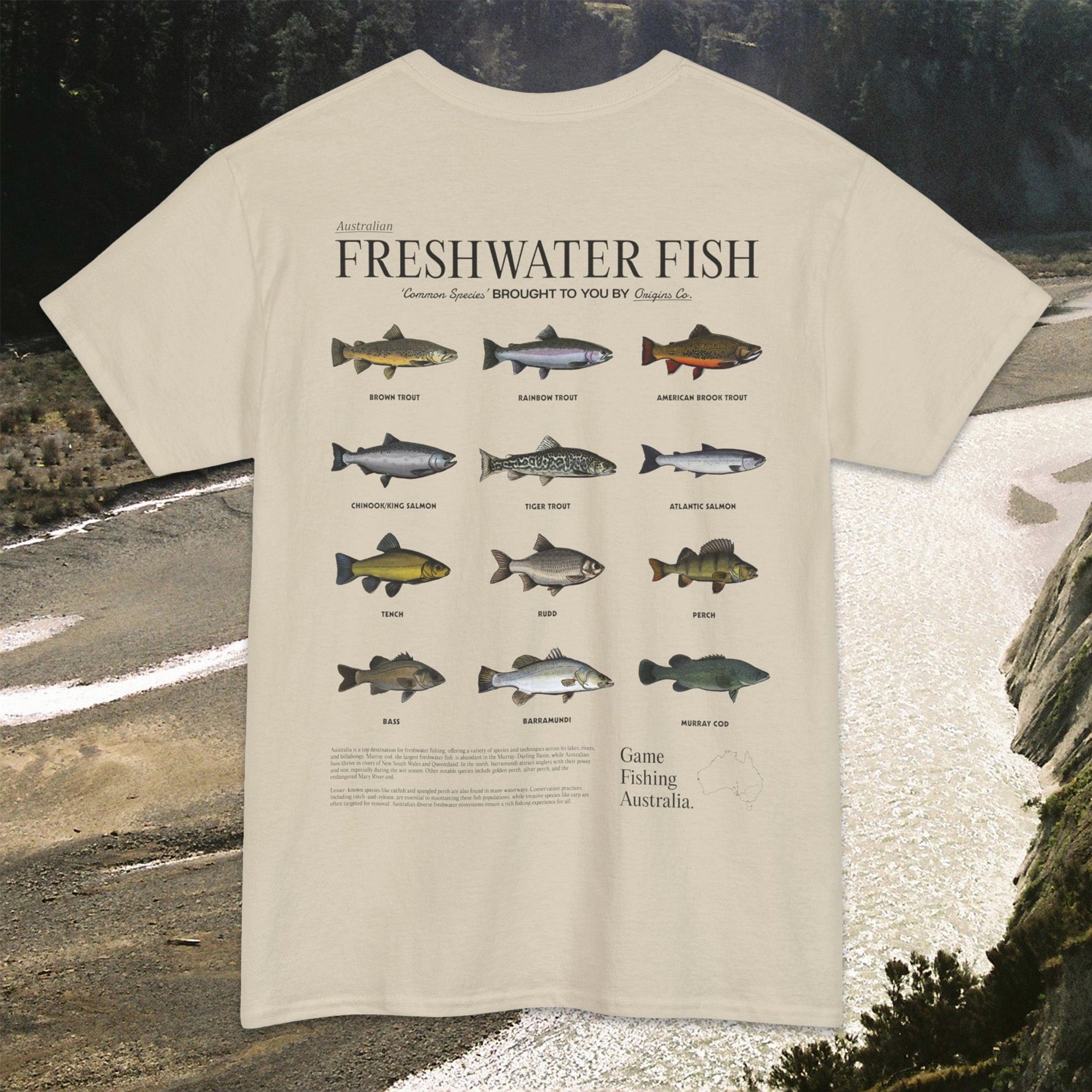 Freshwater fish list t-shirt Australia, Fishing apparel Australia, Aussie fishing t-shirt, Freshwater fish graphic tee, Fishing enthusiast shirt Australia, Freshwater fish identification shirt, T-shirt for Australian anglers, Fishing lifestyle clothing Australia, Freshwater fish species shirt, Eco-friendly fishing t-shirt, Australia fishing gear, Unique fishing gifts Australia, Freshwater fishing fashion, Outdoor adventure t-shirt Australia, Custom fishing shirts Australia, Origins t-shirts.