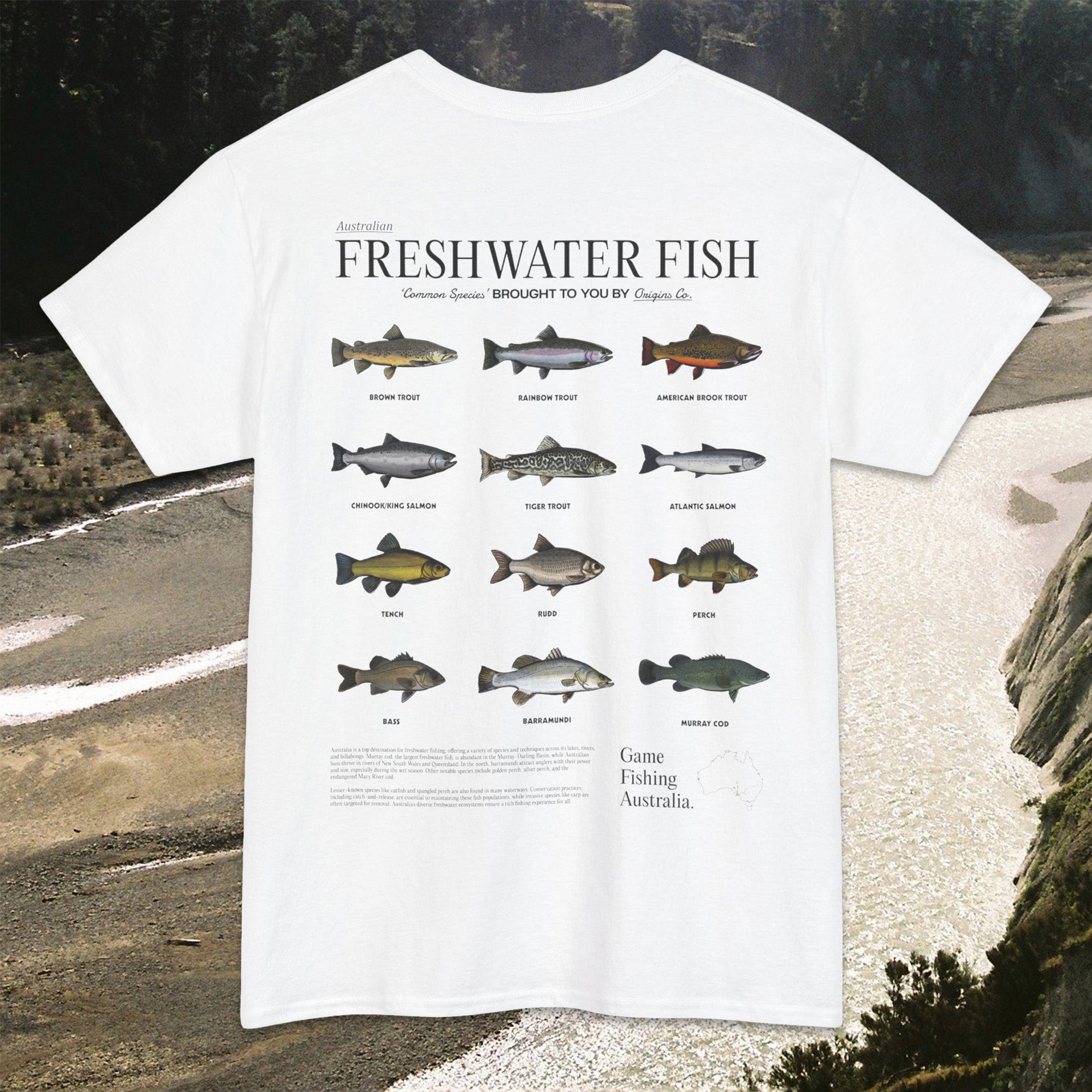 Freshwater fish list t-shirt Australia, Fishing apparel Australia, Aussie fishing t-shirt, Freshwater fish graphic tee, Fishing enthusiast shirt Australia, Freshwater fish identification shirt, T-shirt for Australian anglers, Fishing lifestyle clothing Australia, Freshwater fish species shirt, Eco-friendly fishing t-shirt, Australia fishing gear, Unique fishing gifts Australia, Freshwater fishing fashion, Outdoor adventure t-shirt Australia, Custom fishing shirts Australia, Origins t-shirts.