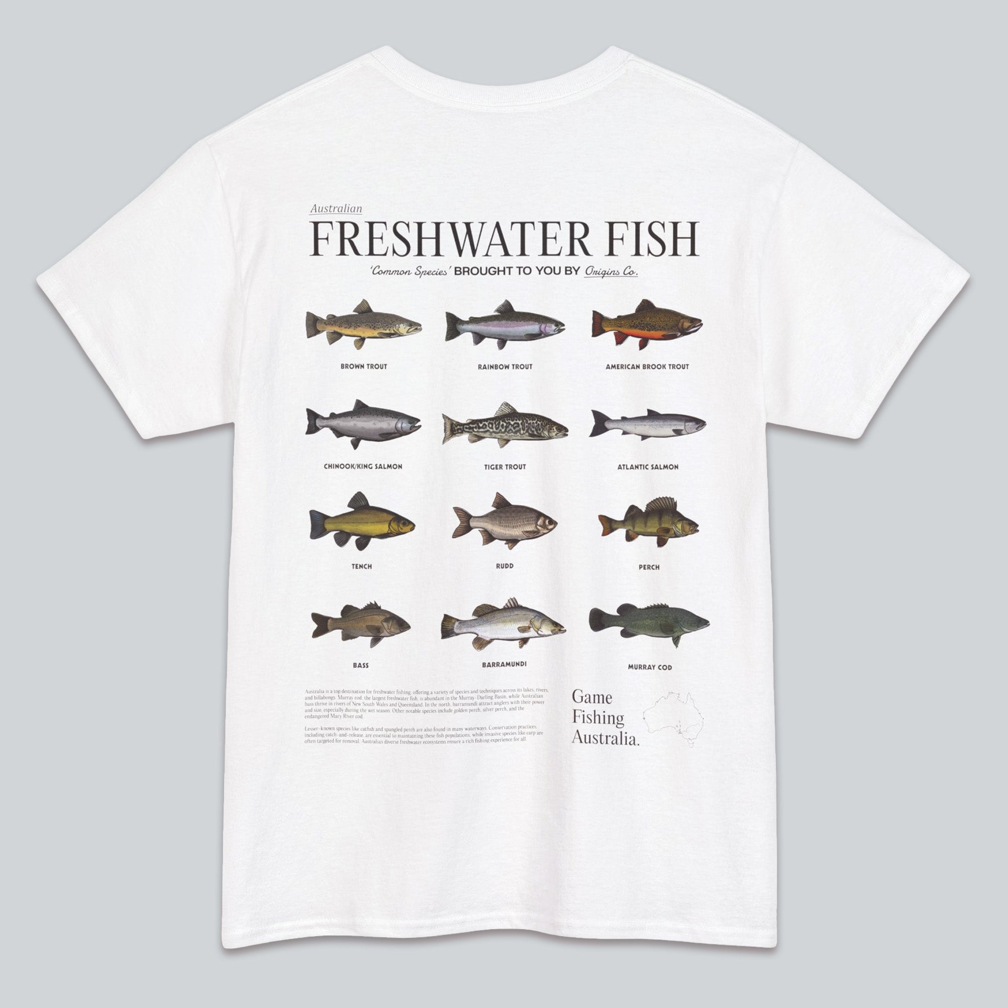 Freshwater fish list t-shirt Australia, Fishing apparel Australia, Aussie fishing t-shirt, Freshwater fish graphic tee, Fishing enthusiast shirt Australia, Freshwater fish identification shirt, T-shirt for Australian anglers, Fishing lifestyle clothing Australia, Freshwater fish species shirt, Eco-friendly fishing t-shirt, Australia fishing gear, Unique fishing gifts Australia, Freshwater fishing fashion, Outdoor adventure t-shirt Australia, Custom fishing shirts Australia, Origins t-shirts.