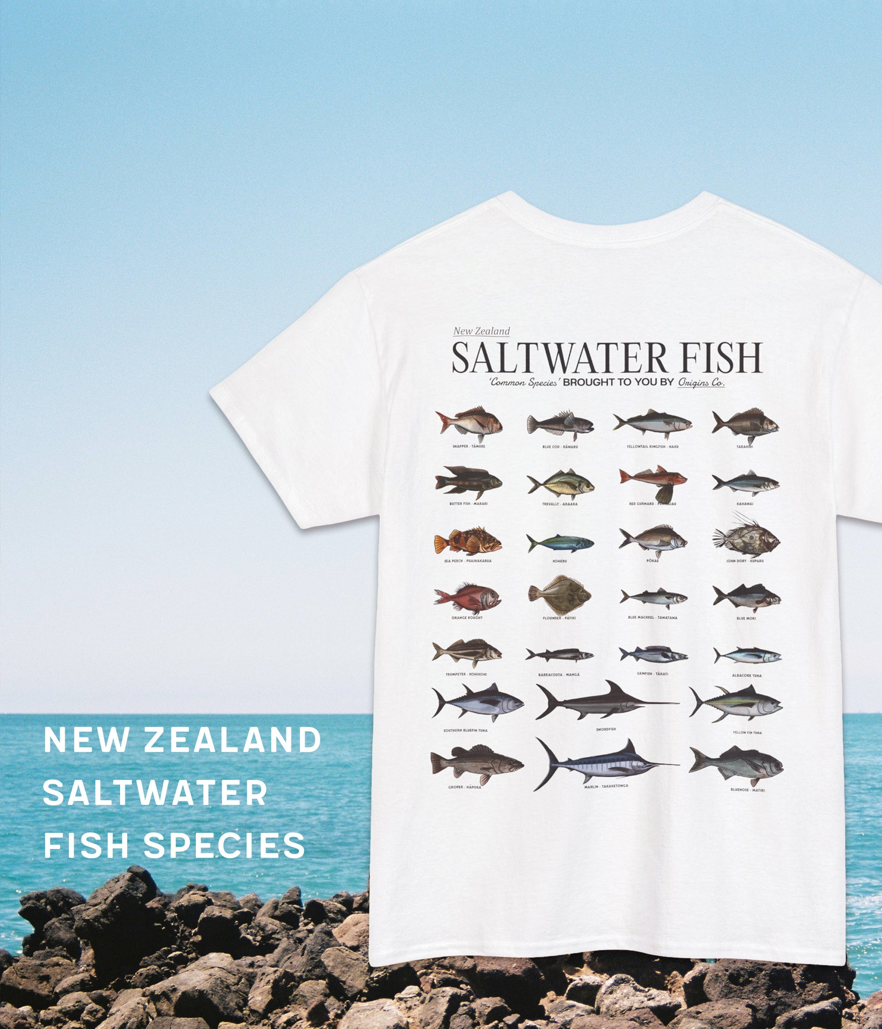 New Zealand saltwater fish t-shirt, NZ marine life apparel, Saltwater fish graphic tee, Ocean fish shirt New Zealand, Marine species t-shirt NZ, New Zealand fishing shirt, Saltwater fish lover tee, Kiwis and marine life clothing, Fish species t-shirt NZ, New Zealand sea life apparel, Ocean-themed t-shirt NZ, Saltwater fish conservation shirt, Unique NZ fish t-shirt, Marine wildlife graphic tee, Coastal living apparel NZ, origins t-shirt. 