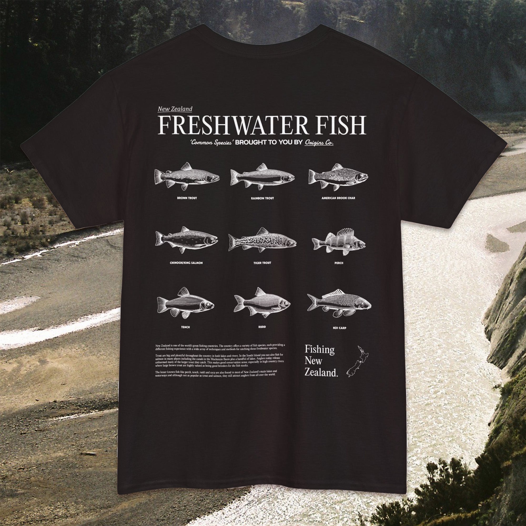 New Zealand freshwater fish t-shirt, NZ freshwater species apparel, Freshwater fish graphic tee, River fish shirt New Zealand, Freshwater fishing t-shirt NZ, New Zealand lake life clothing, Freshwater fish lover tee, Kiwis and freshwater fish apparel, Fish species t-shirt NZ, New Zealand aquatic wildlife shirt, Freshwater habitat t-shirt NZ, Unique NZ freshwater fish t-shirt, Conservation-focused fish graphic tee, NZ river life apparel, Sustainable fishing shirt New Zealand, origins t-shirts.