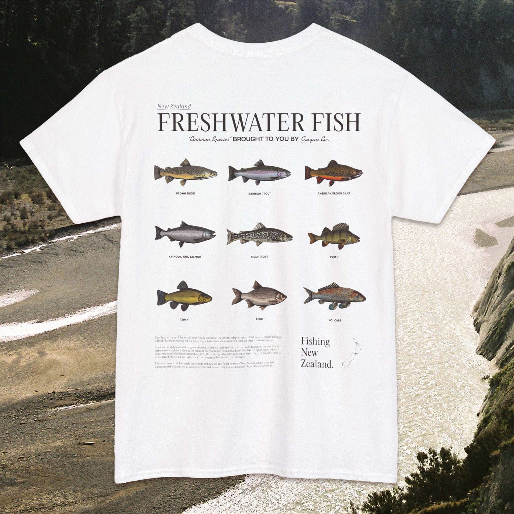 New Zealand freshwater fish t-shirt, NZ freshwater species apparel, Freshwater fish graphic tee, River fish shirt New Zealand, Freshwater fishing t-shirt NZ, New Zealand lake life clothing, Freshwater fish lover tee, Kiwis and freshwater fish apparel, Fish species t-shirt NZ, New Zealand aquatic wildlife shirt, Freshwater habitat t-shirt NZ, Unique NZ freshwater fish t-shirt, Conservation-focused fish graphic tee, NZ river life apparel, Sustainable fishing shirt New Zealand, origins t-shirts.