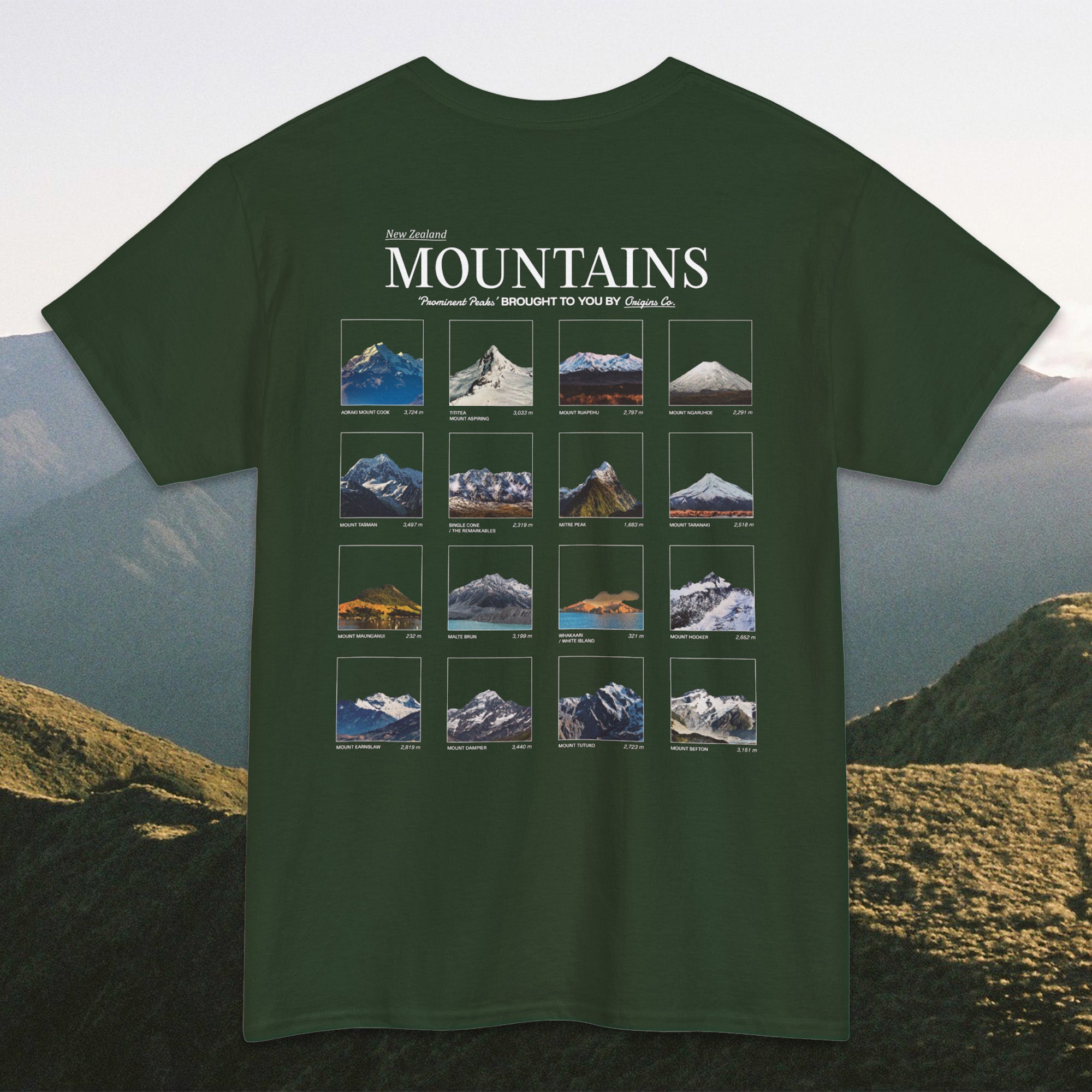 New Zealand mountains t-shirt, NZ peak graphic tee, New Zealand alpine apparel, NZ mountain range shirt, iconic peaks of NZ t-shirt, Southern Alps t-shirt NZ, New Zealand landscape t-shirt, nature-inspired NZ tee, NZ outdoor adventure shirt, New Zealand scenery clothing, eco-friendly NZ mountains tee, New Zealand hiking apparel, famous NZ peaks t-shirt, NZ wilderness graphic tee, New Zealand nature clothing, Origins t-shirts. 