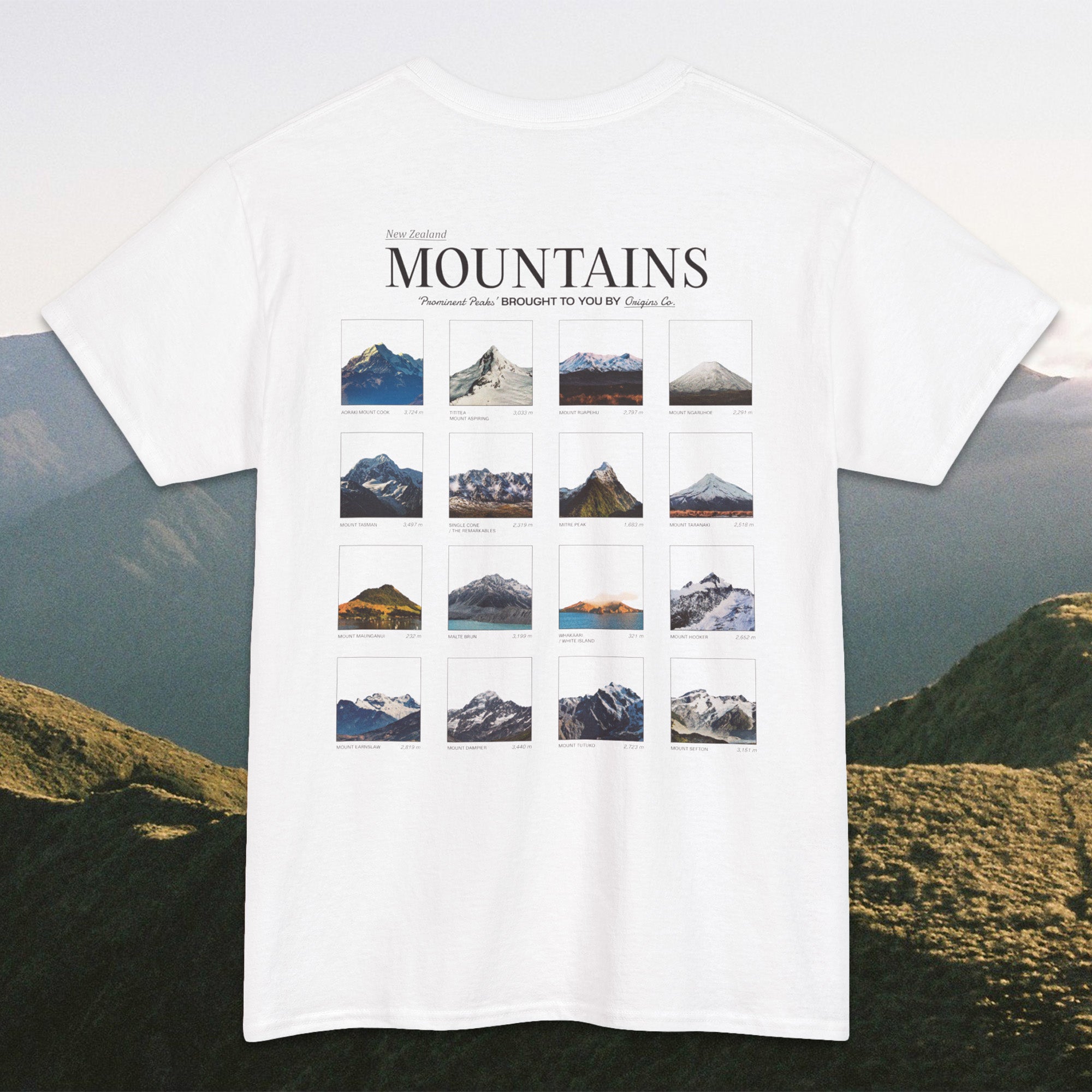 New Zealand mountains t-shirt, NZ peak graphic tee, New Zealand alpine apparel, NZ mountain range shirt, iconic peaks of NZ t-shirt, Southern Alps t-shirt NZ, New Zealand landscape t-shirt, nature-inspired NZ tee, NZ outdoor adventure shirt, New Zealand scenery clothing, eco-friendly NZ mountains tee, New Zealand hiking apparel, famous NZ peaks t-shirt, NZ wilderness graphic tee, New Zealand nature clothing, Origins t-shirts. 