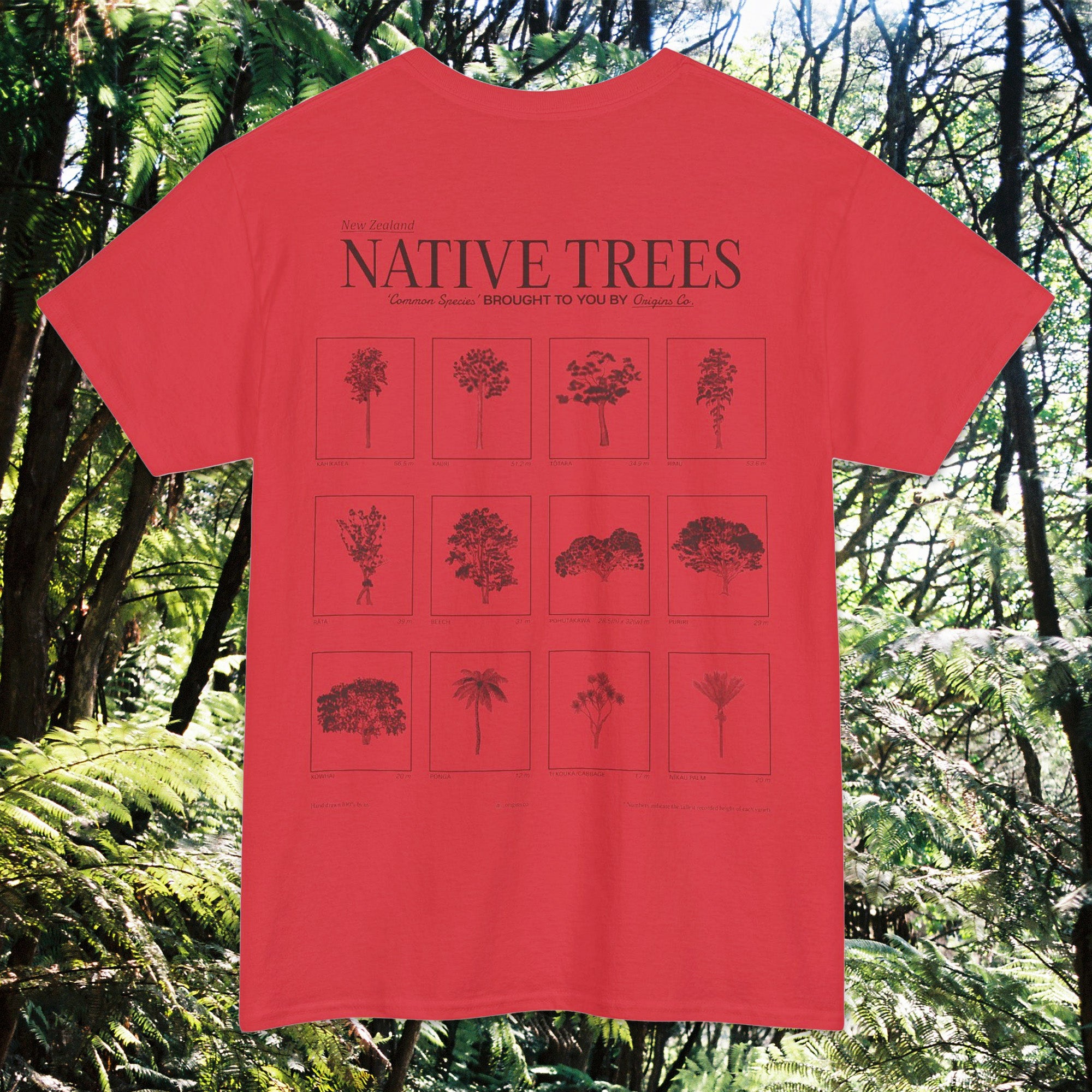 New Zealand native trees t-shirt, NZ kauri tree tee, New Zealand pōhutukawa apparel, NZ rimu graphic shirt, native flora of NZ t-shirt, New Zealand tōtara tree shirt, eco-friendly NZ nature tee, NZ forest-inspired clothing, New Zealand mānuka shirt, native trees of NZ tee, sustainable NZ tree apparel, New Zealand flora graphic tee, NZ wilderness clothing, native tree species t-shirt, New Zealand natural heritage shirt, Origins T-shirts.